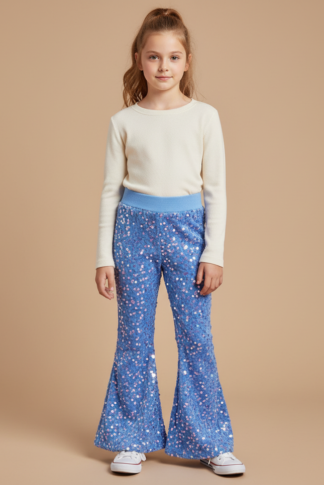 Pantalon Patte D'Éléphant Bleu Pailleté Évasé Confortable Fille - Maille