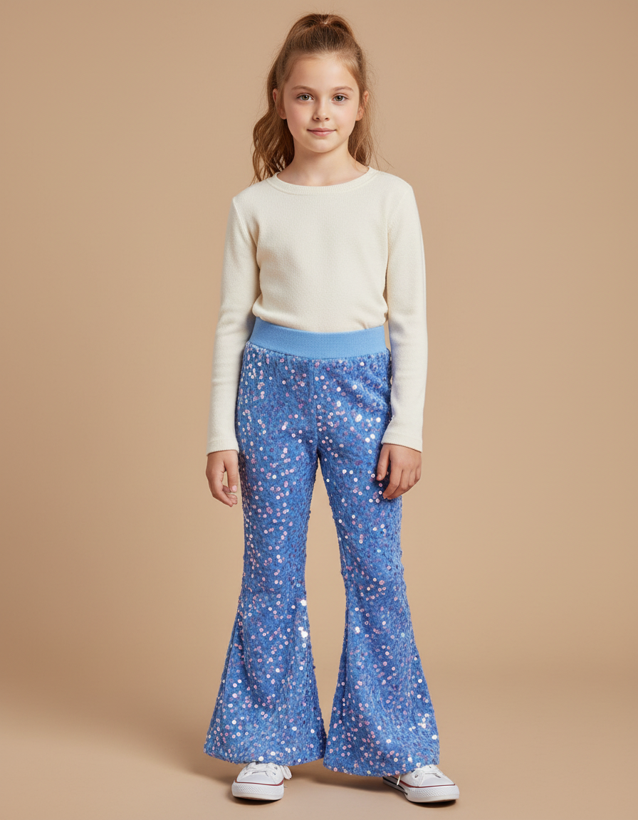 Pantalon Patte D'Éléphant Bleu Pailleté Évasé Confortable Fille - Maille