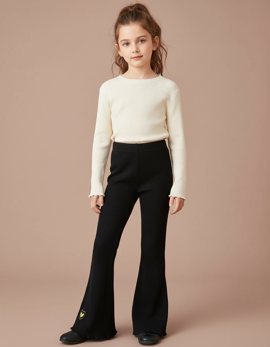 Pantalon Patte D'Éléphant Noir Côtelé Évasé Cœur Fille - Maille