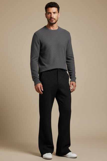 Pantalon Patte D'Éléphant Noir Texturé Évasé Décontracté Homme - Maille