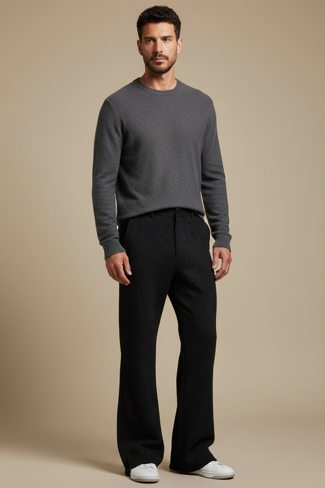 Pantalon Patte D'Éléphant Noir Texturé Évasé Décontracté Homme - Maille