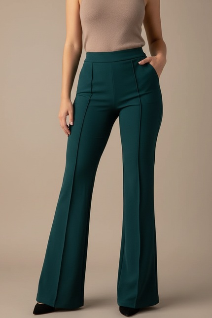Pantalon Patte D'Éléphant Vert Émeraude Taille Haute Élégant Femme - Polyester