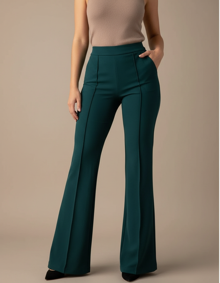 Pantalon Patte D'Éléphant Vert Émeraude Taille Haute Élégant Femme - Polyester