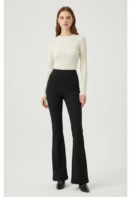 Pantalon Patte D'Éléphant Noir Élasthanne Taille Haute Fluide - Maille