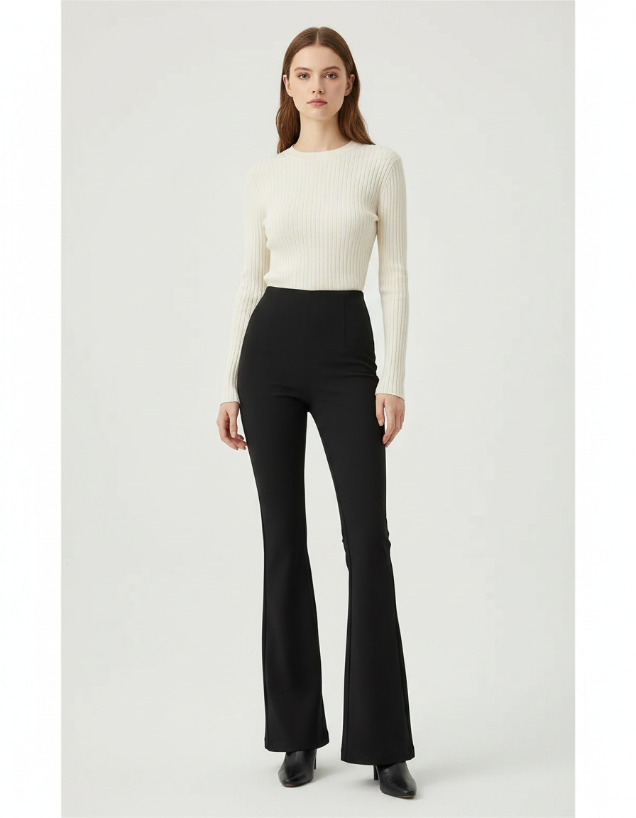 Pantalon Patte D'Éléphant Noir Élasthanne Taille Haute Fluide - Maille