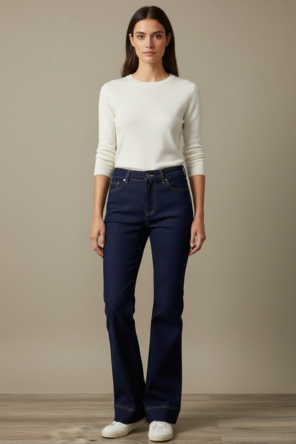 Pantalon Patte D'Éléphant Jean Bleu Foncé Taille Haute Évasé - Marine