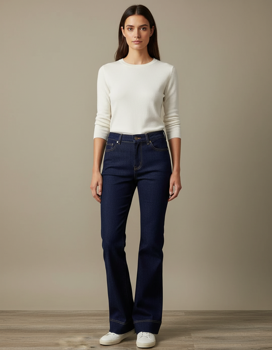 Pantalon Patte D'Éléphant Jean Bleu Foncé Taille Haute Évasé - Marine