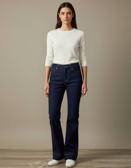 Pantalon Patte D'Éléphant Jean Bleu Foncé Taille Haute Évasé - Marine