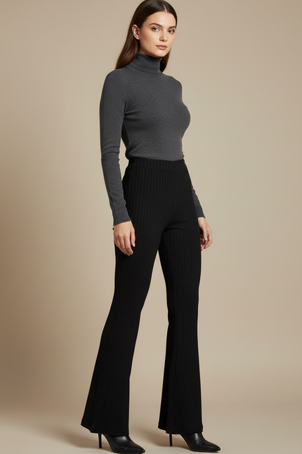 Pantalon Patte D'Éléphant Noir Côtelé Tricoté Slim Évasé - Maille