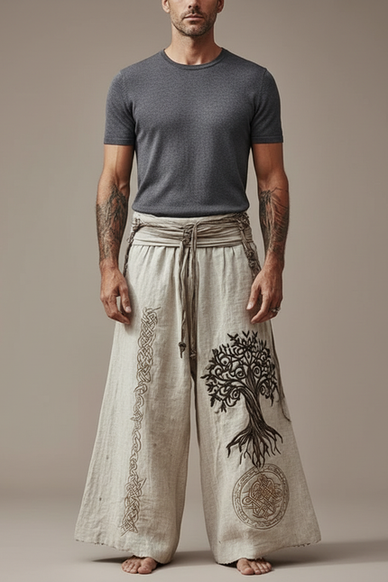 Pantalon Patte D'Éléphant Lin Brodé Arbre Celtique Ample - Beige