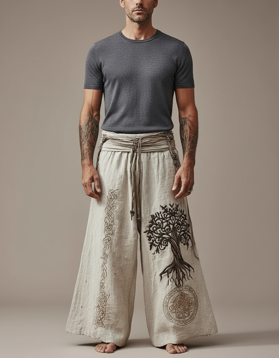 Pantalon Patte D'Éléphant Lin Brodé Arbre Celtique Ample - Beige