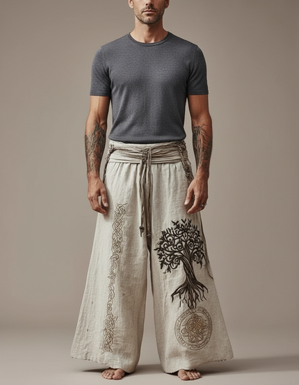 Pantalon Patte D'Éléphant Lin Brodé Arbre Celtique Ample - Beige