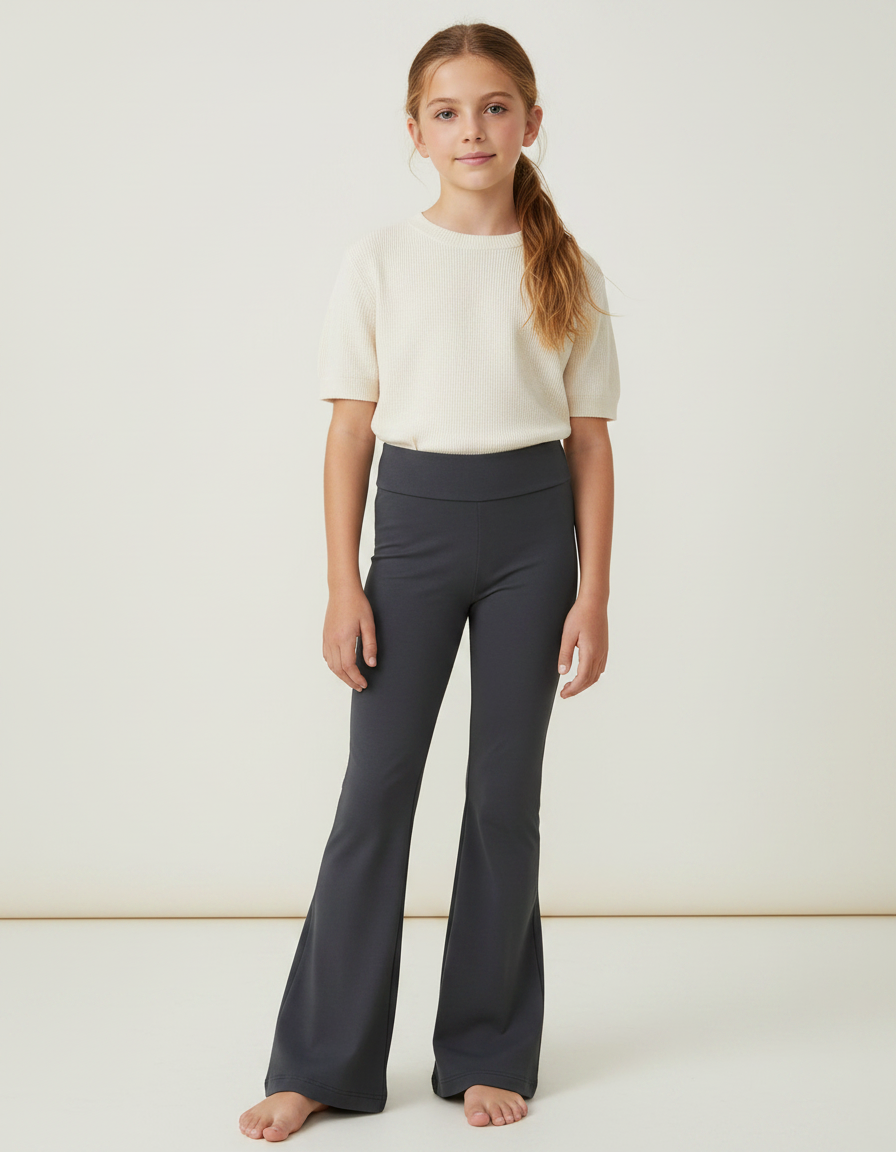 Pantalon Patte D'Éléphant Gris Uni Évasé Confortable Fille - Maille