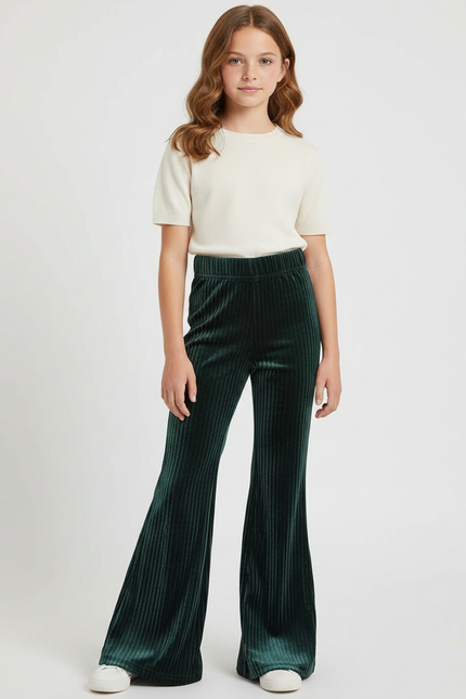 Pantalon Patte D'Éléphant Velours Côtelé Vert Ample Fille - Cordé