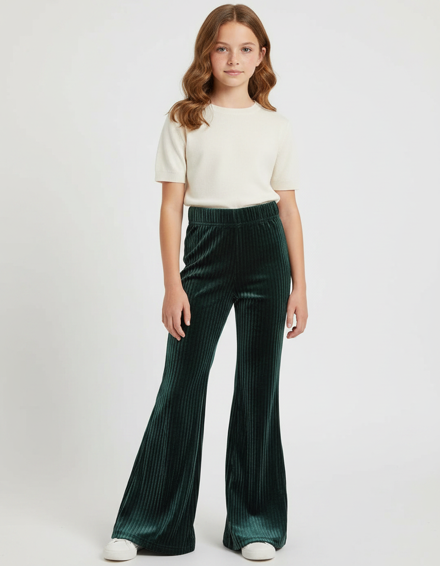 Pantalon Patte D'Éléphant Velours Côtelé Vert Ample Fille - Cordé
