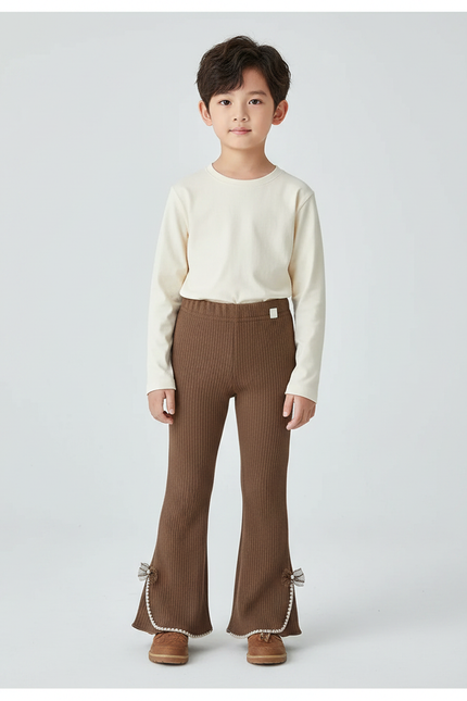Pantalon Patte D'Éléphant Marron Côtelé Évasé Nœuds Enfant - Maille