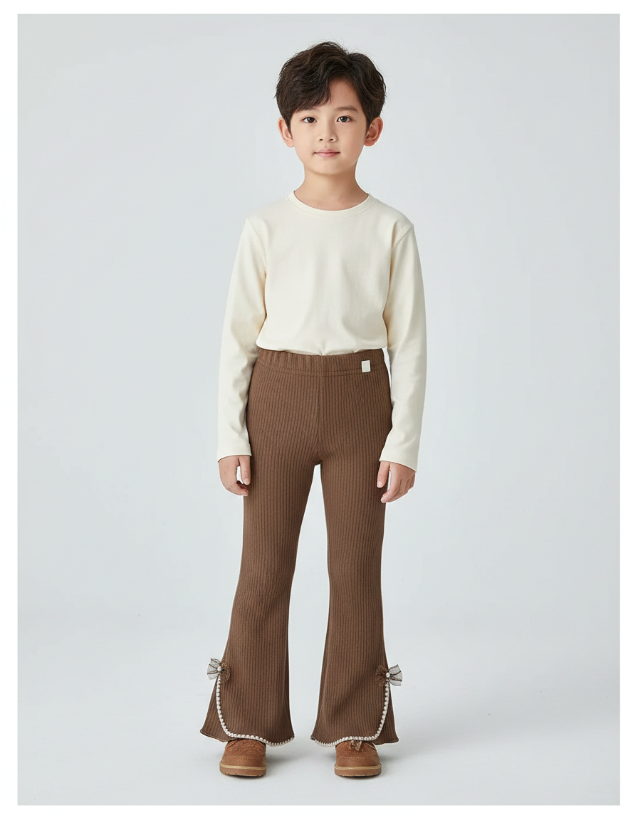 Pantalon Patte D'Éléphant Marron Côtelé Évasé Nœuds Enfant - Maille