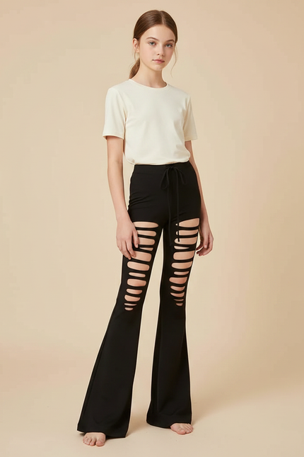 Pantalon Patte D'Éléphant Noir Déchiré Évasé Confortable - Maille