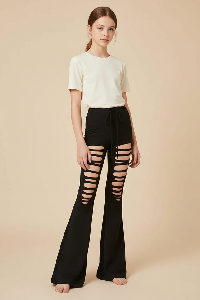 Pantalon Patte D'Éléphant Noir Déchiré Évasé Confortable - Maille