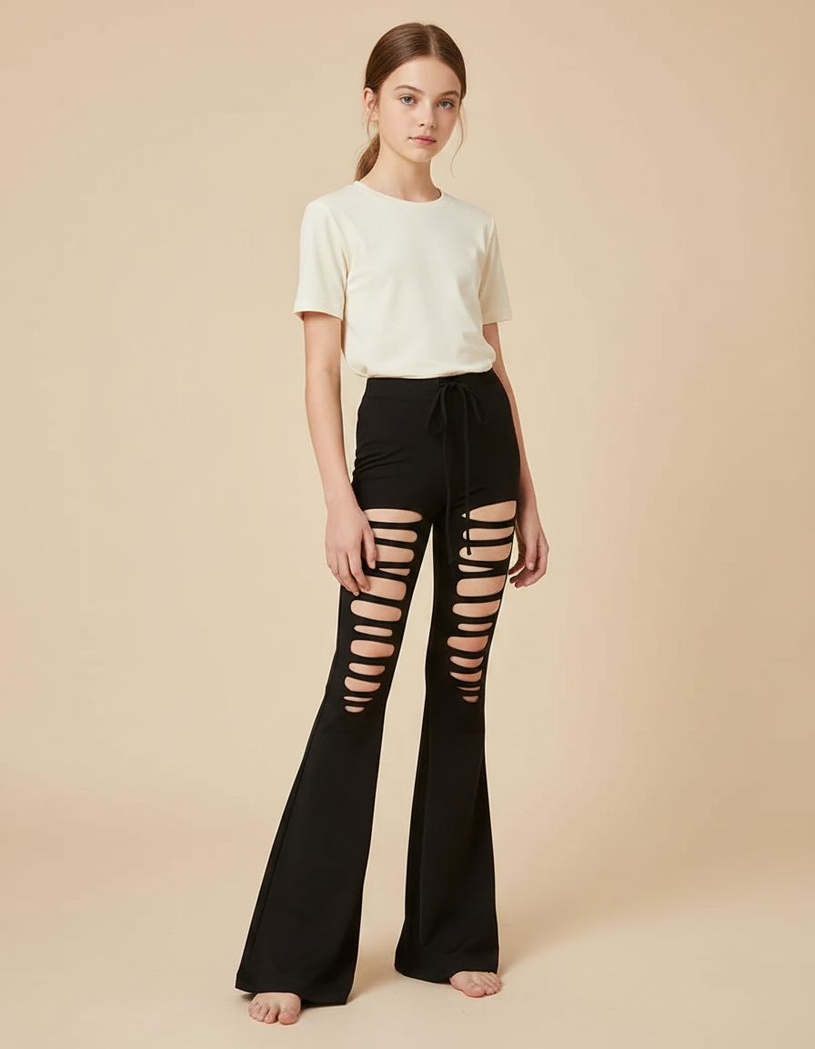 Pantalon Patte D'Éléphant Noir Déchiré Évasé Confortable - Maille