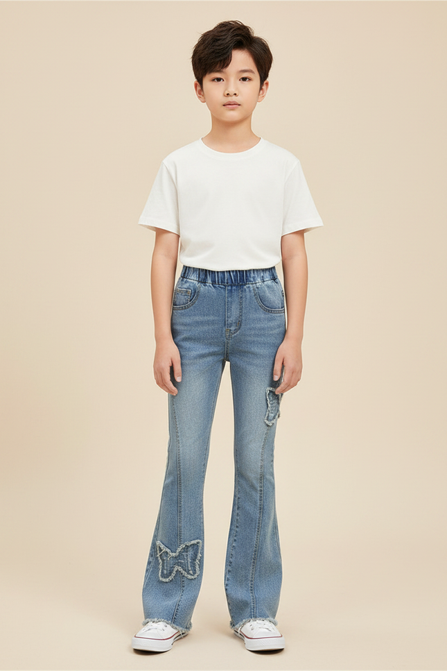 Pantalon Patte D'Éléphant Denim Bleu Papillons Évasé Enfant - Jean