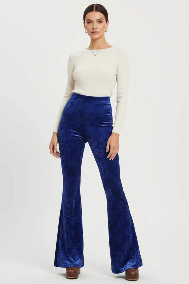 Pantalon Patte D'Éléphant Velours Bleu Royal Taille Haute