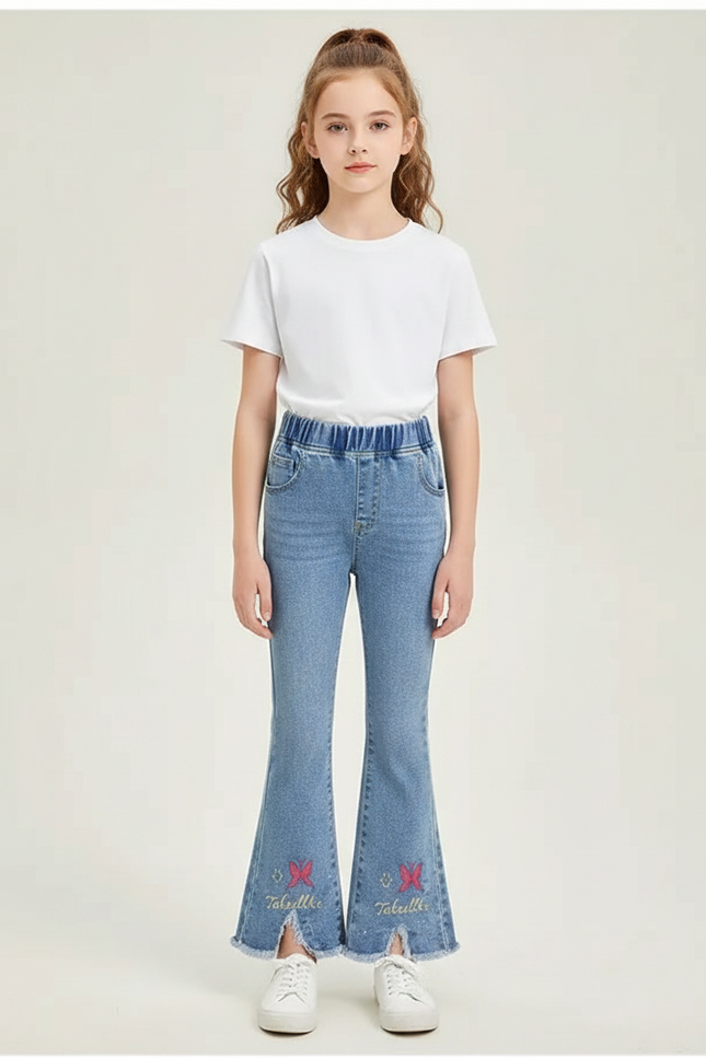 Pantalon Patte D'Éléphant Denim Évasé Papillons Brodés Fille - Bleu Jean