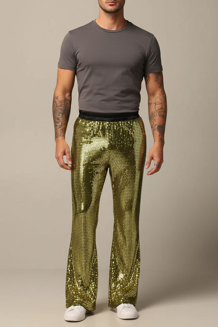 Pantalon Patte D'Éléphant Doré Brillant Disco Élastique Homme - Polyester