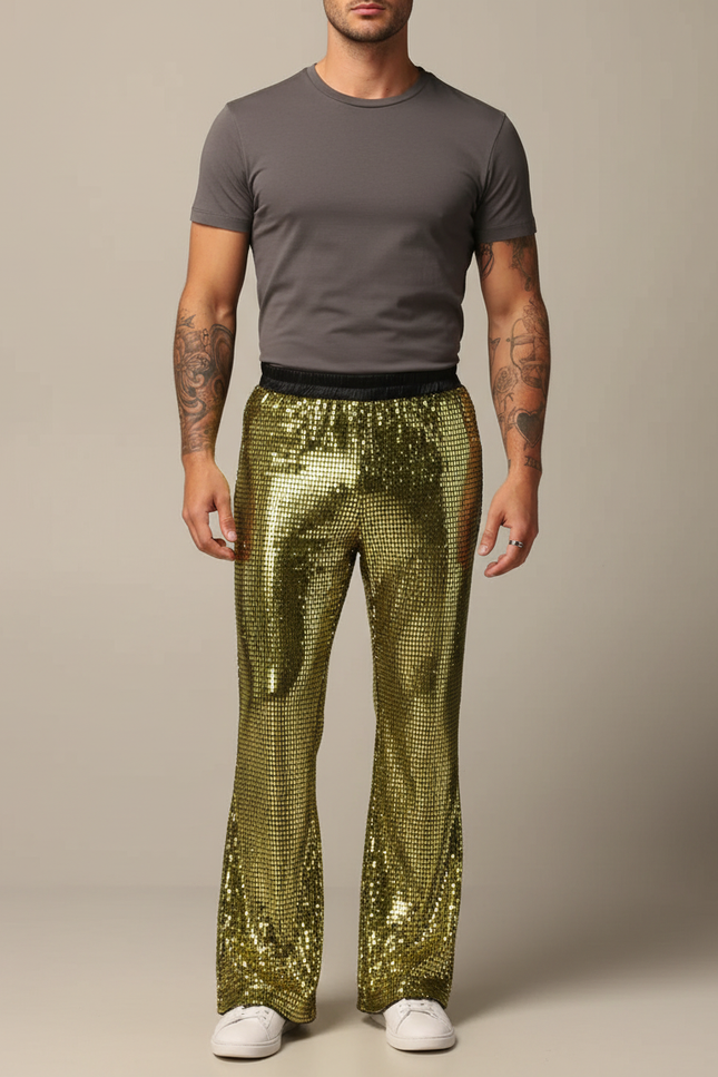 Pantalon Patte D'Éléphant Doré Brillant Disco Élastique Homme - Polyester