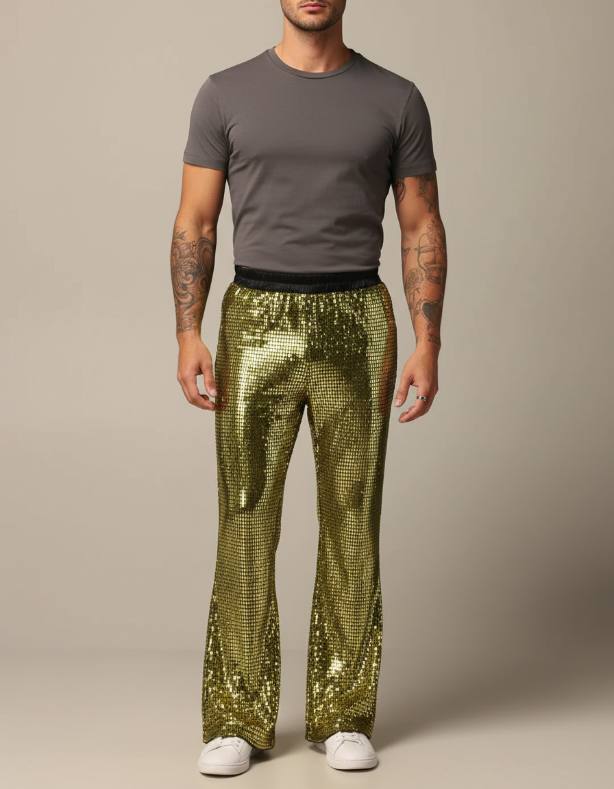 Pantalon Patte D'Éléphant Doré Brillant Disco Élastique Homme - Polyester