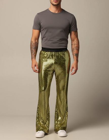 Pantalon Patte D'Éléphant Doré Brillant Disco Élastique Homme - Polyester