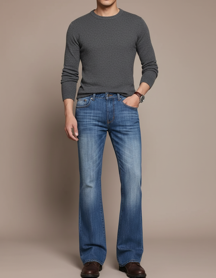Pantalon Patte D'Éléphant Jean Bleu Classique Ample Homme