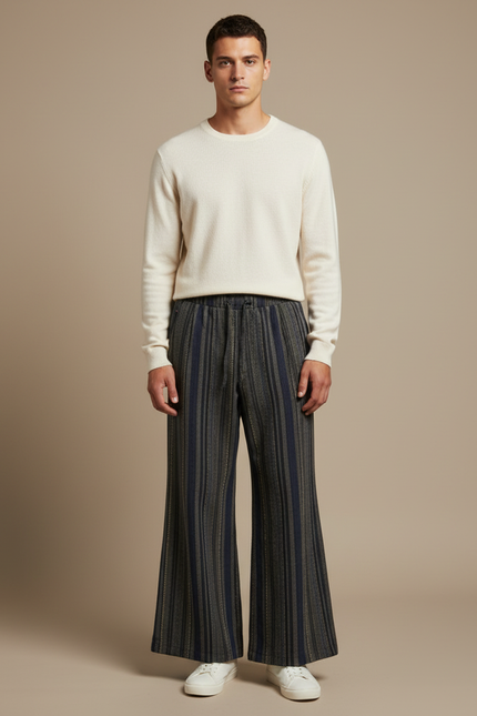 Pantalon Patte D'Éléphant Rayé Ample Décontracté Ethnique Chic - Multicolore Tweed