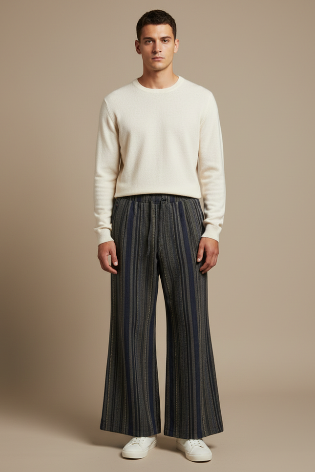 Pantalon Patte D'Éléphant Rayé Ample Décontracté Ethnique Chic - Multicolore Tweed