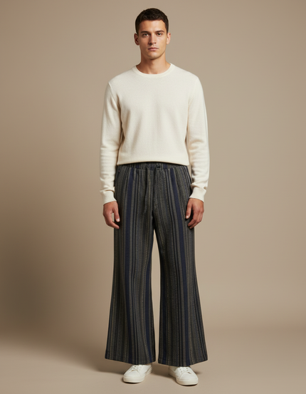 Pantalon Patte D'Éléphant Rayé Ample Décontracté Ethnique Chic - Multicolore Tweed