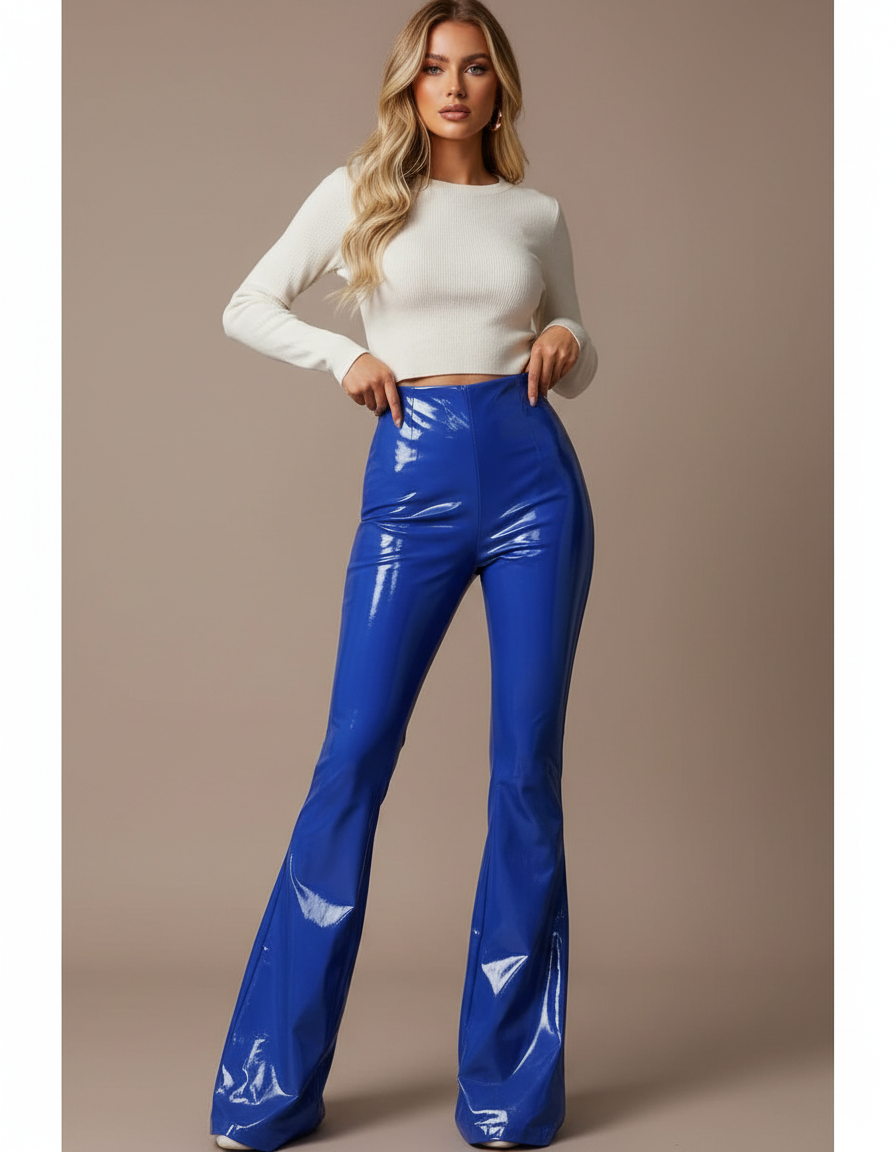 Pantalon Patte D'Éléphant Bleu Brillant Similicuir Taille Haute Évasé - Simili cuir