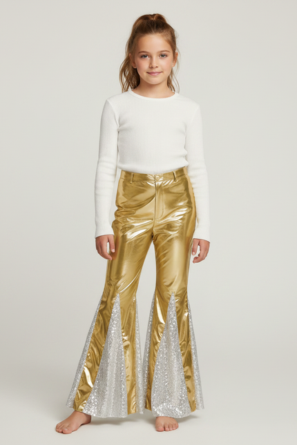 Pantalon Patte D'Éléphant Doré Métallique Paillettes Argentées Fille - Polyester