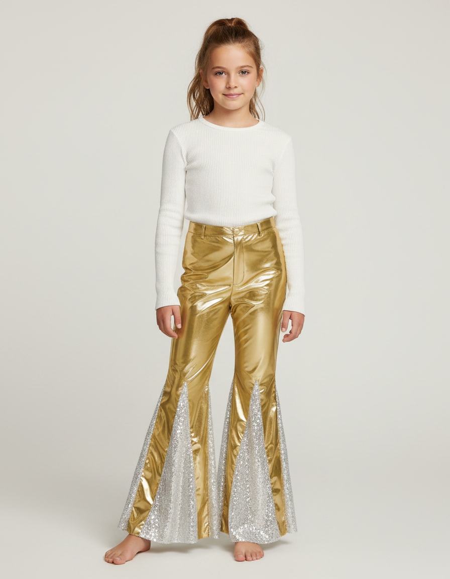 Pantalon Patte D'Éléphant Doré Métallique Paillettes Argentées Fille - Polyester