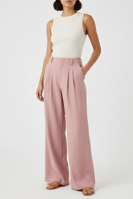 Pantalon Patte D'Éléphant Rose Plissé Ample Coton Décontracté - Lin