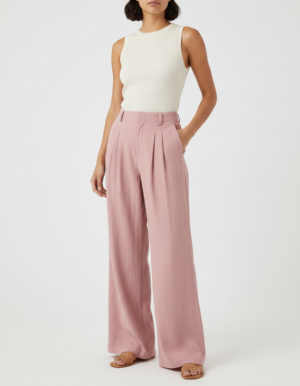 Pantalon Patte D'Éléphant Rose Plissé Ample Coton Décontracté - Lin