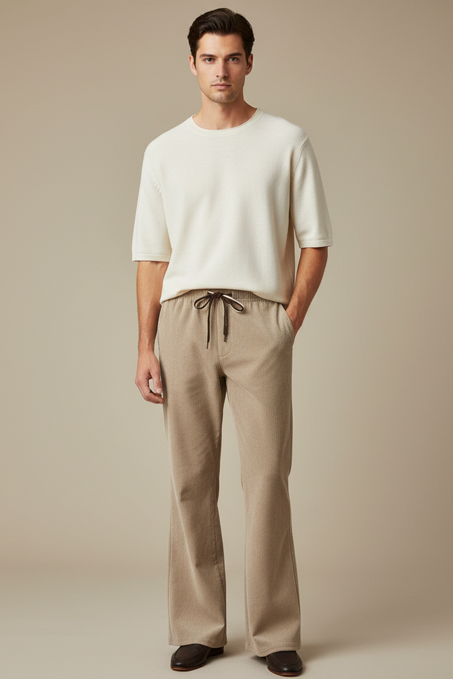 Pantalon Patte D'Éléphant Beige Côtelé Ample Décontracté Homme - Cordé