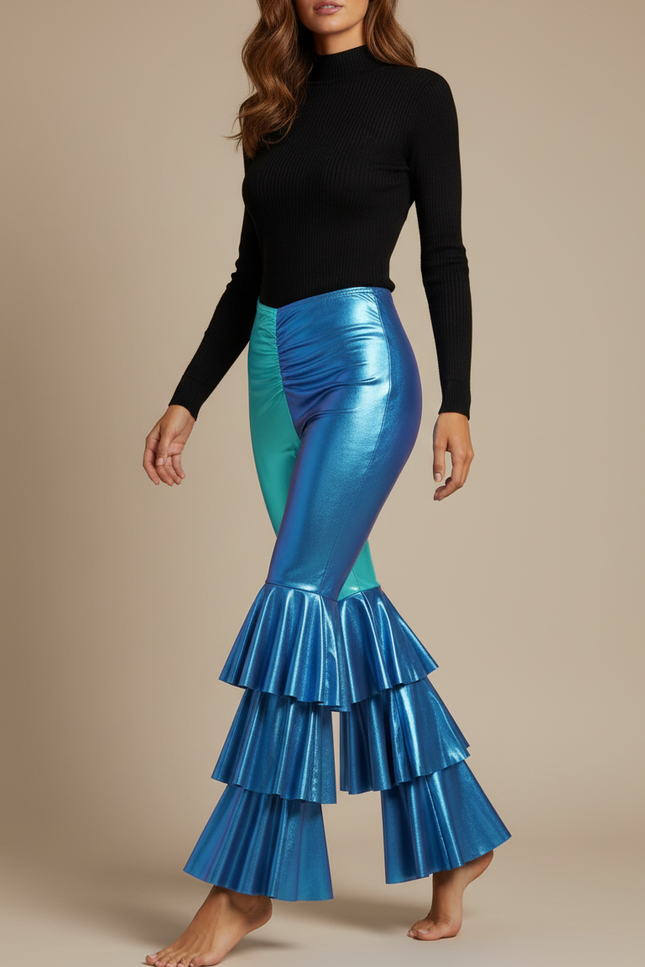 Pantalon Patte D'Éléphant Métallique Bleu Vert Volants Disco - Multicolore Polyester