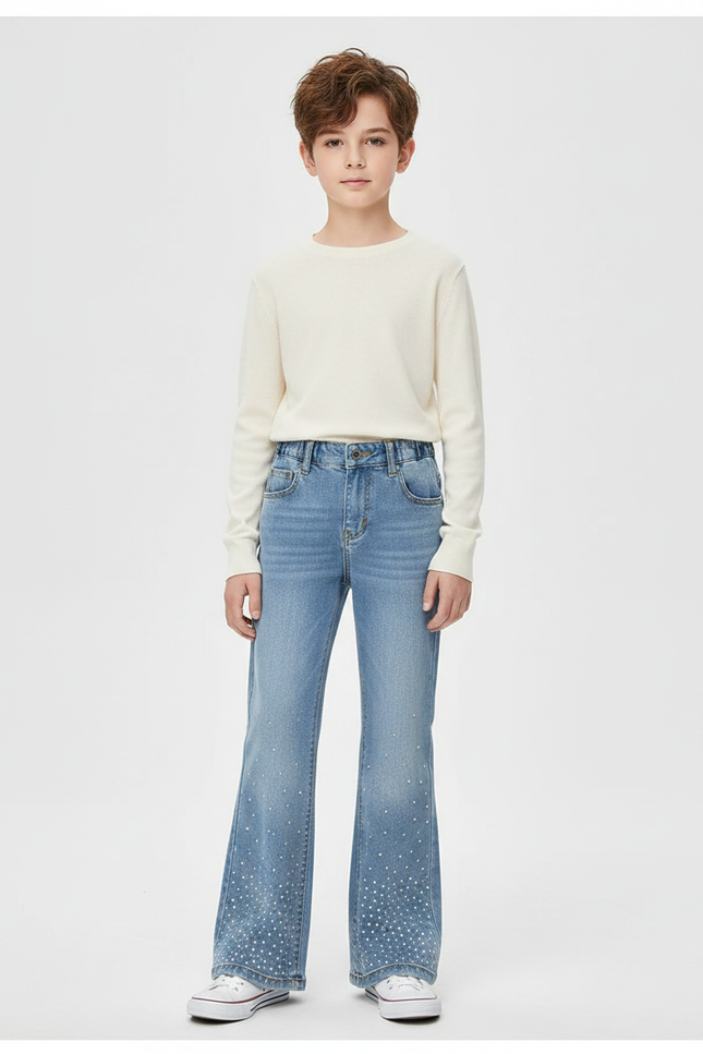 Pantalon Patte D'Éléphant Jean Bleu Paillettes Évasé Enfant