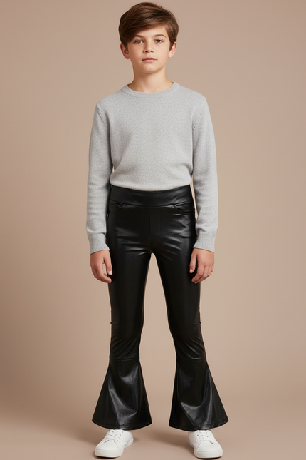 Pantalon Patte D'Éléphant Noir Similicuir Évasé Enfant Moderne - Simili cuir