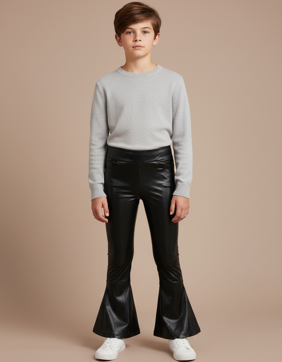 Pantalon Patte D'Éléphant Noir Similicuir Évasé Enfant Moderne - Simili cuir