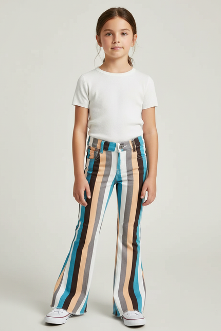 Pantalon Patte D'Éléphant Rayures Multicolores Évasé Denim Fille - Jean