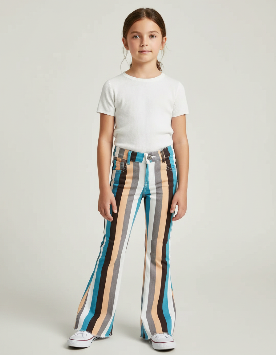 Pantalon Patte D'Éléphant Rayures Multicolores Évasé Denim Fille - Jean
