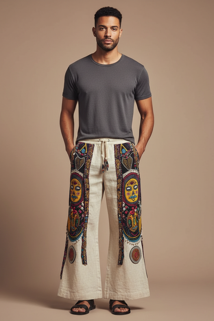 Pantalon Patte D'Éléphant Ethnique Imprimé Totem Ample Lin - Beige