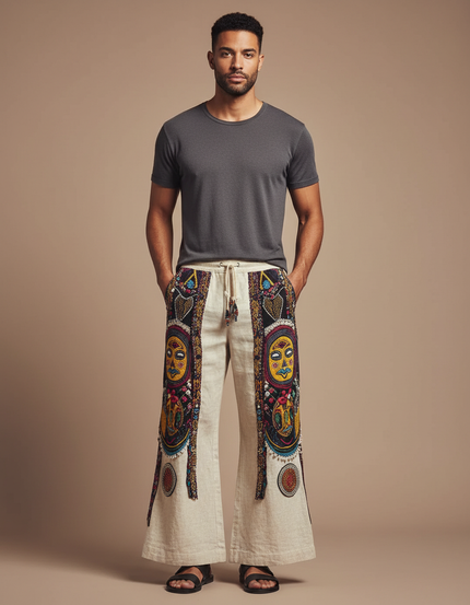 Pantalon Patte D'Éléphant Ethnique Imprimé Totem Ample Lin - Beige