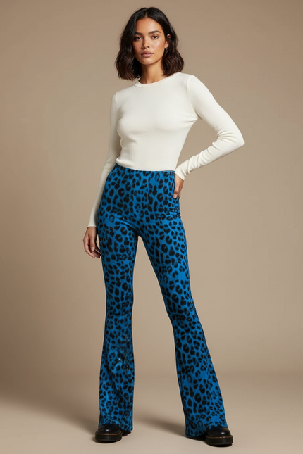 Pantalon Patte D'Éléphant Léopard Bleu Imprimé Taille Haute - Maille